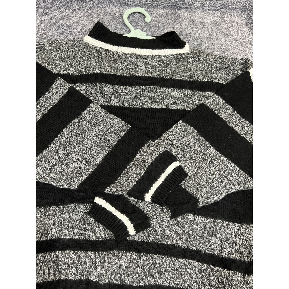 Vintage A'Milano Striped Knit Sweater Mens Large Black Grey Marl Mock Neck Retro